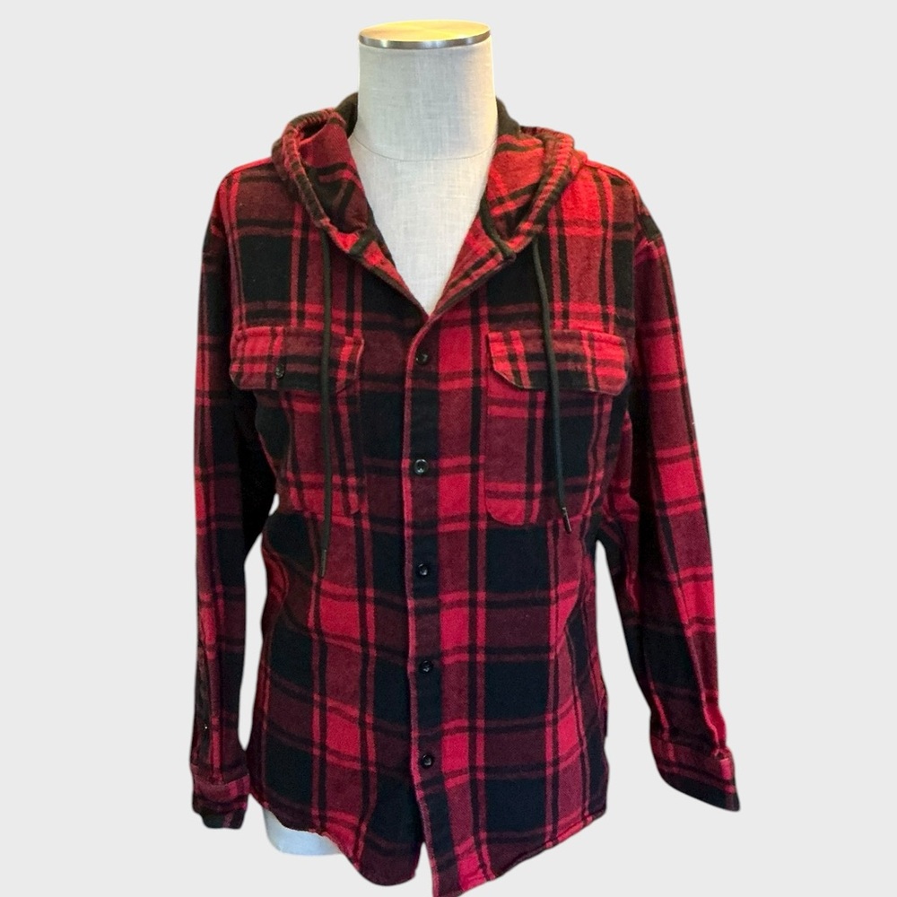 Forever 21 Plaid Hooded Shacket Men’s Medium Red Black Button Front